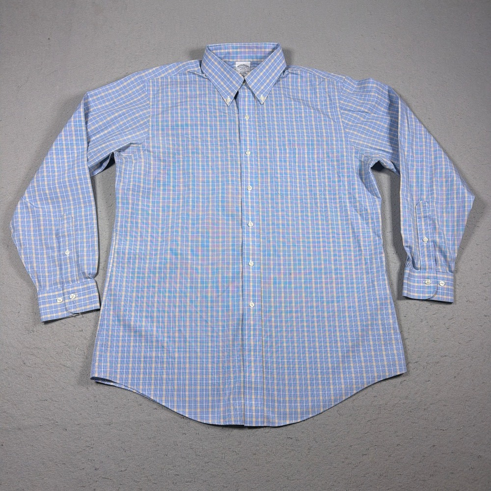 Brooks Brothers Regent Shirt Men 16.5 34/35 Blue Yellow Plaid Classic‎ Fit